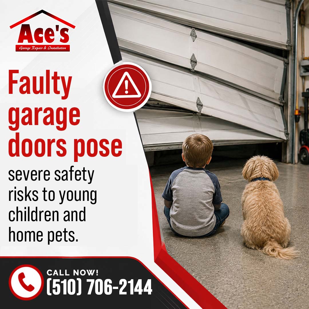 Rear view of a young child and a small dog sitting on a garage floor looking up at a crooked, broken overhead garage door hanging off its tracks.